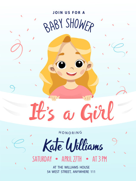 迎婴派对女孩，请帖。文本。贺卡。平的风格。矢量图图片下载
