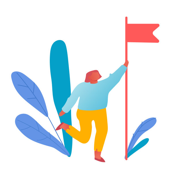 目标实现的概念。举着红旗象征成功的女商人性格。商业女性的领导能力，企业挑战的赢家，成功的经理卡通平面矢量插图图片下载