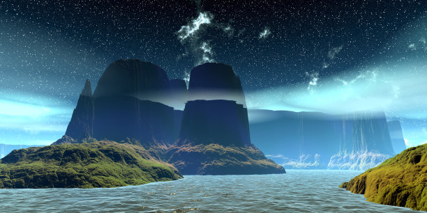 外星人的星球。山和湖。三维渲染图片下载