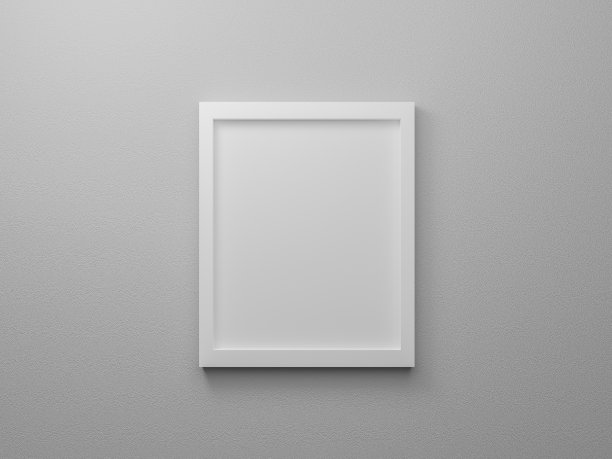 空白的白色矩形相框孤立在工作室的墙上。产品对象的3d渲染设计概念。空纸图片挂在灰色背景纹理的海报和地方形象。图片下载