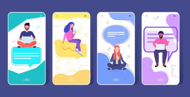 人们在数字设备上使用聊天应用程序，社交网络交流概念，男人女人坐在聊天气泡语音在线消息应用程序，智能手机屏幕设置全长水平图片下载