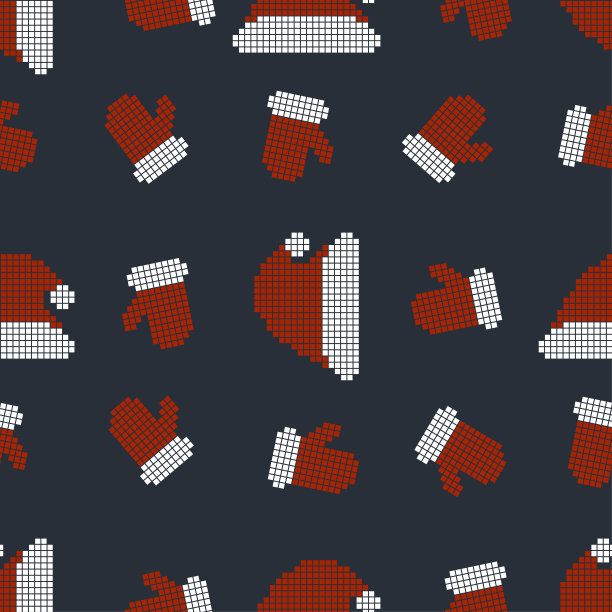 无缝背景与像素手套和圣诞老人帽子。冬季矢量插图新年和圣诞节。像素艺术。矢量插图。8位。图片下载