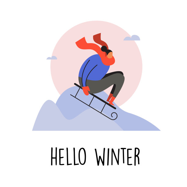 一个人骑着雪橇从山上下来。向量卡通插图。你好,冬天。图片下载