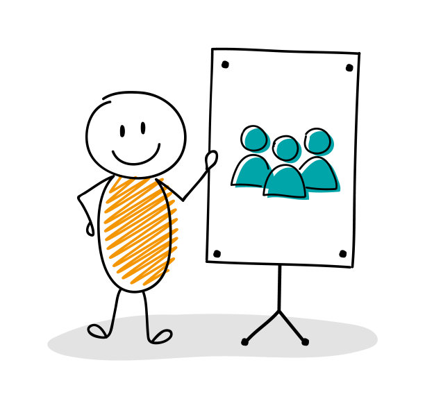 商业卡通人物与白板和一组人的图标。向量图片下载