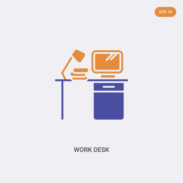 2色办公桌概念矢量图标。独立的两种颜色办公桌矢量标志符号设计与蓝色和橙色的颜色，可以用于网页，移动和标志。每股收益10图片下载