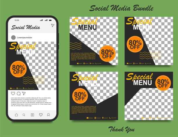 社交媒体横幅食品和饮料业务。餐饮企业的美食社交媒体模板。现代社会模板张贴横幅。食品折扣后模板。图片下载