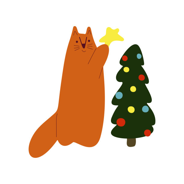 有趣可爱的新年矢量插图。一只红猫将装饰圣诞树。圣诞节和新年庆祝概念。新年的心情。设计为卡片，横幅，海报，纺织品。图片下载