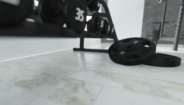 近距离观看杠铃在地板上的健身房库存照片图片下载