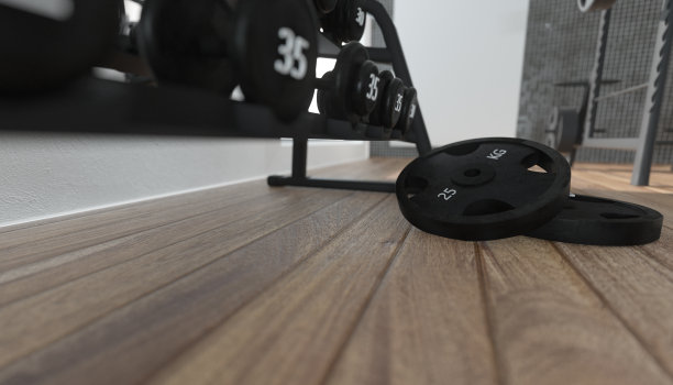 近距离观看杠铃在地板上的健身房库存照片图片下载