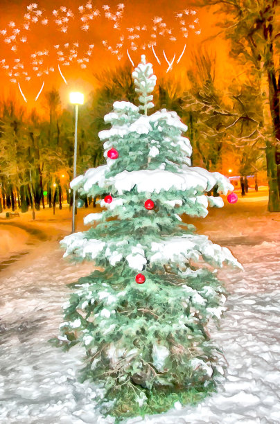 夜市水彩景观。城市公园里装饰着圣诞玩具的云杉。灯笼和雪中的小路。童话般的夜晚。数字绘画插图。水彩插图。图片下载