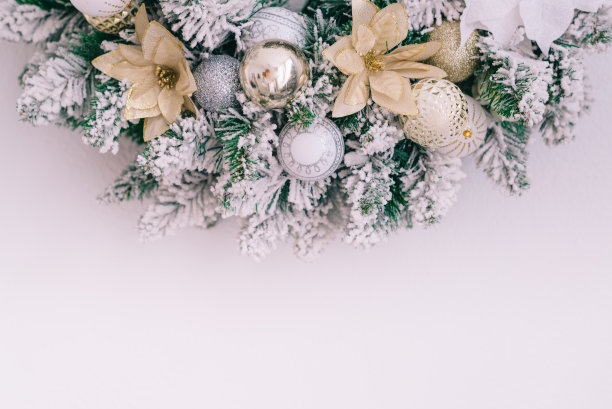 雪白的圣诞花环挂在白色的墙上，放置文字，特写图片下载