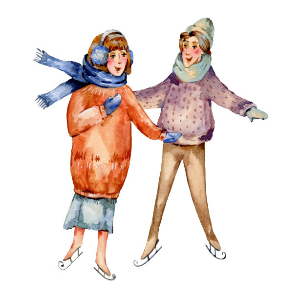 复古水彩画双人冬季人们在滑雪橇，在溜冰场滑冰。雪户外活动图片下载