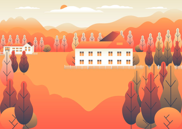 山峦景观、宅院农场均采用扁平化风格设计。户外全景乡村插图。山脉，田野，灌木，树木，森林，天空和太阳。乡村定位，卡通矢量背景图片下载