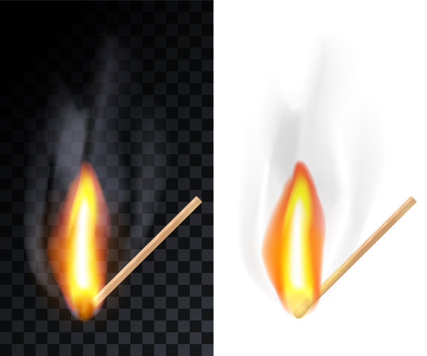 火柴棍燃烧与烟雾，孤立在透明网格和白色背景。图片下载
