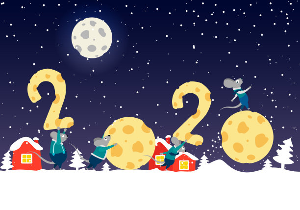 矢量插图。横旗上画着滑稽的卡通老鼠拿着奶酪。手绘插图。中国标志2020年新年。新年卡片-向量图片下载