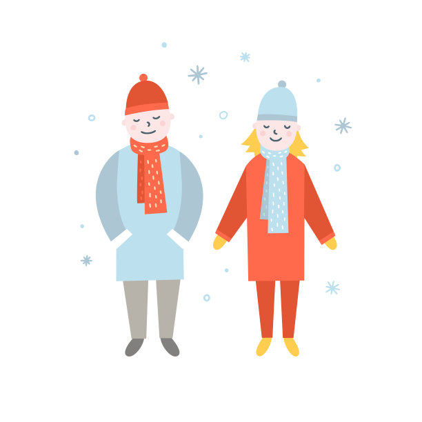 冬季一对矢量插图孤立在白色的背景。可爱的男孩和女孩站在一起。舒适的冬天的人图片下载