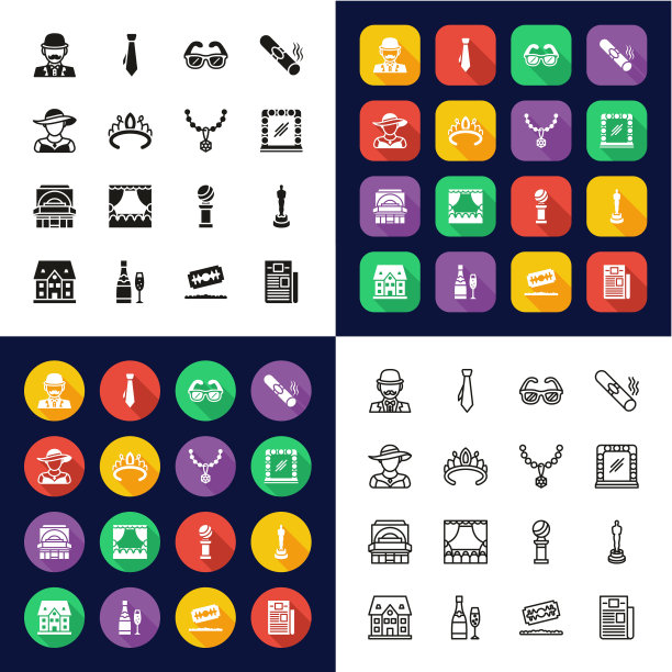 好莱坞的图标都在一个图标-黑和白色的平面设计-细线-设置图片下载