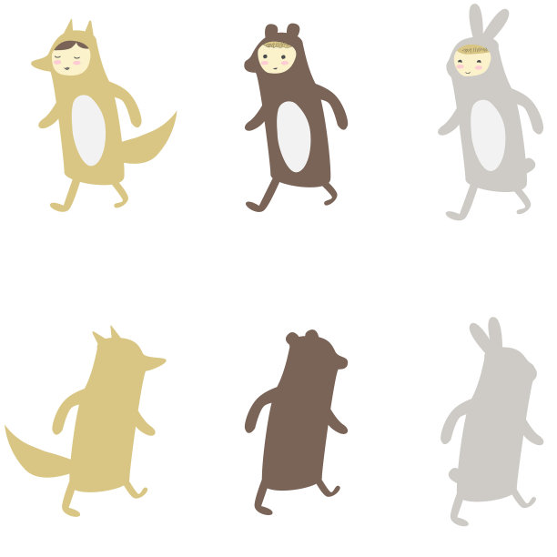 由穿着狂欢节服装的可爱的孩子们设定。化妆舞会。有趣的角色动物兔子，熊，狐狸在斯堪的纳维亚风格。前视图和后视图在柔和的颜色。图片下载