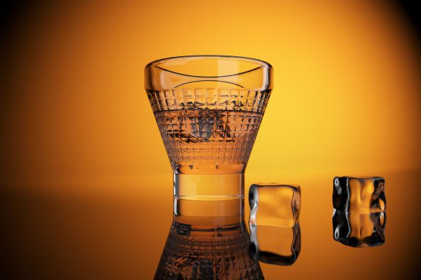威士忌小酒杯和冰块3D CGI渲染孤立的黑色背景图片下载