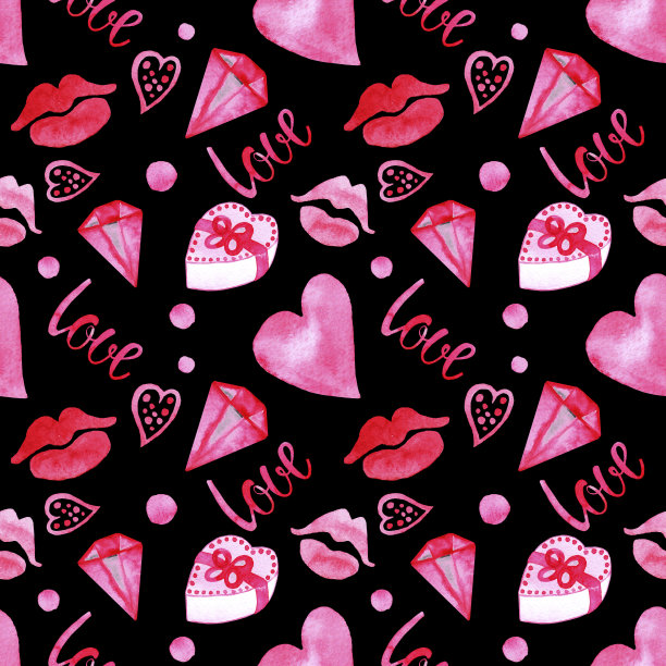 手绘水彩情人节无缝模式粉红色的心，嘴唇，礼物，球，爱情，宝石在黑色的背景。图片下载