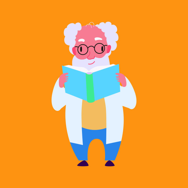 矢量现代平面设计插画上的科学家阅读书籍。男人捧着书。向量图片下载