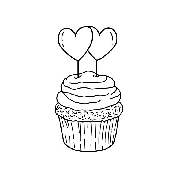 小蛋糕上有两颗心。一个可爱的情人节蛋糕的黑白插图。图片下载