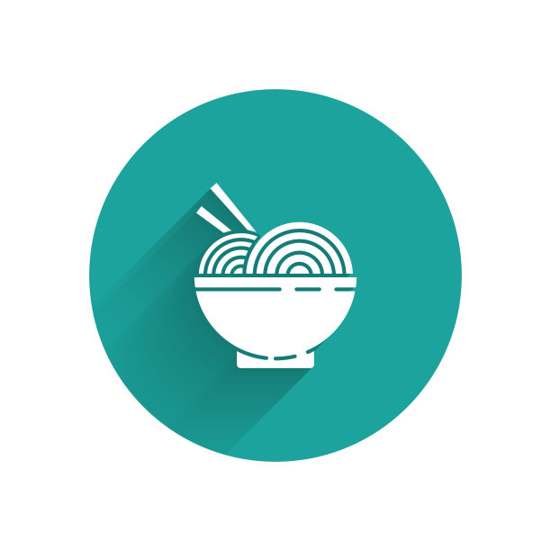 白色亚洲面条在碗和筷子图标孤立与长影子。街头快餐。韩国菜，日本菜，中国菜。绿色圆圈按钮。矢量图图片下载