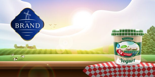 有机樱桃酸奶包装站在一个红色的餐巾广告与标志在闪亮的农场背景，矢量横幅插图农场牛奶或酸奶产品品牌或广告设计图片下载