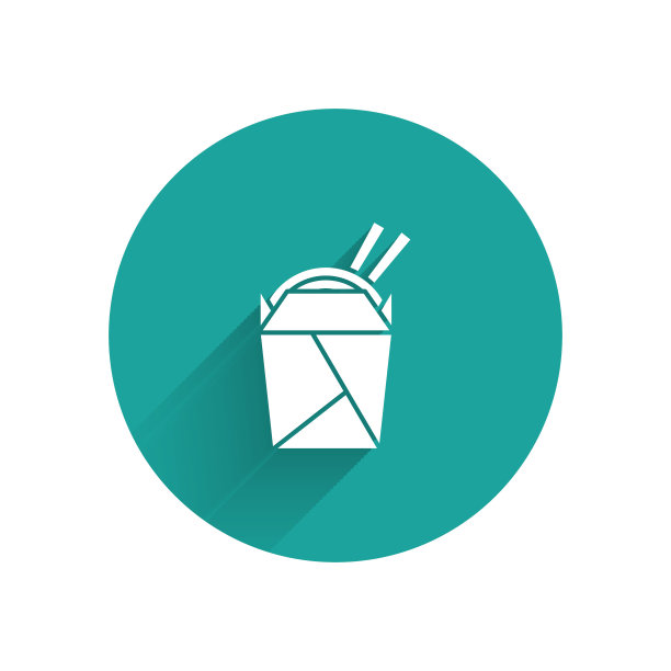 白色亚洲面条纸盒和筷子图标孤立与长影子。街头快餐。韩国菜，日本菜，中国菜。绿色圆圈按钮。矢量图图片下载