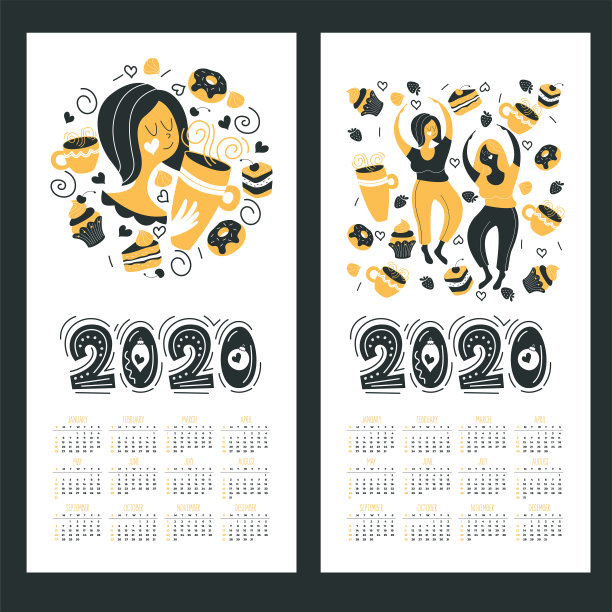 2020年日历。矢量插图。可爱的女孩拿着一杯热饮。图片下载