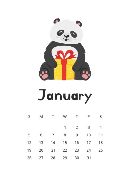 一月日历与熊猫模板图片下载