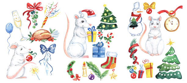 一大批新年老鼠和老鼠。水彩绘画。插图。中国新年。图片下载