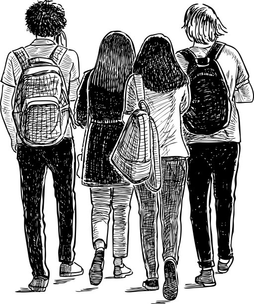 夏日里，一群少年学生在街上散步图片下载