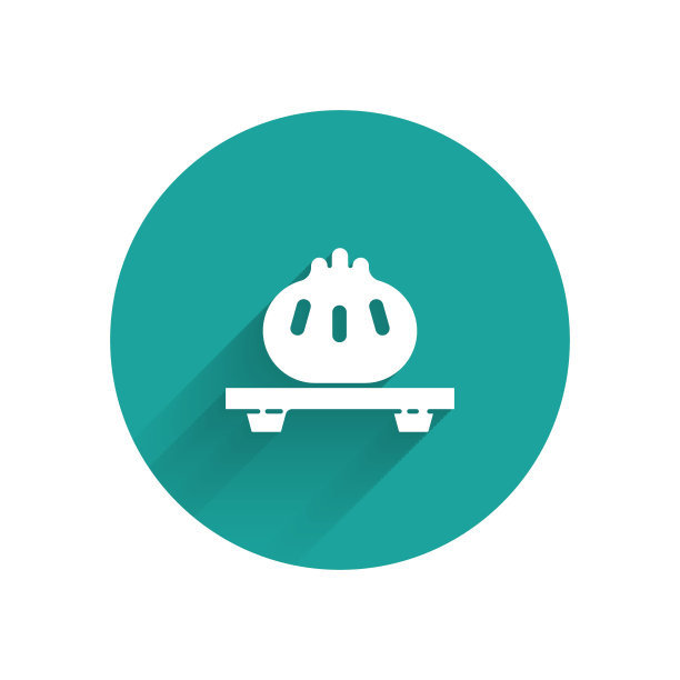 白色饺子在砧板上的图标孤立有长长的影子。传统的中国菜。绿色圆圈按钮。矢量图图片下载