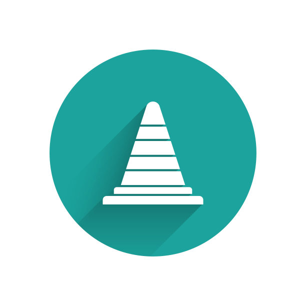 白色交通锥图标孤立与长阴影背景。绿色圆圈按钮。矢量图图片下载