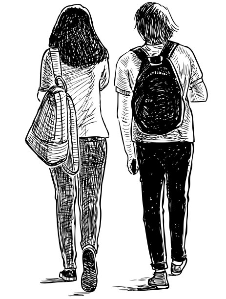 素描的学生朋友夫妇走在街上图片下载