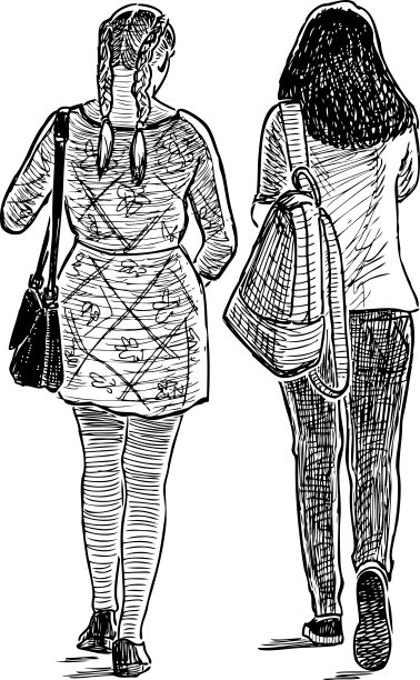 素描的学生女孩走在街上在夏天的一天图片下载