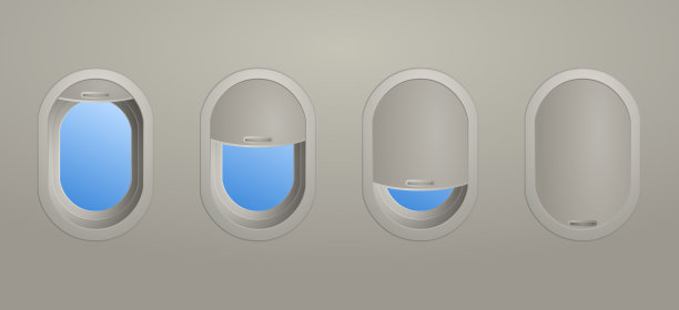 四扇飞机窗户的百叶窗打开了图片下载