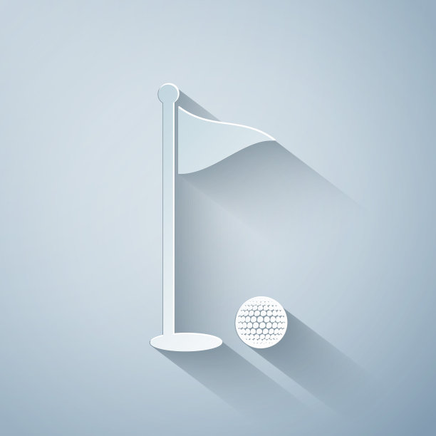 剪纸高尔夫球和洞与旗帜图标孤立在灰色背景。高尔夫球场。球和旗杆入洞。体育的概念。纸艺术风格。矢量图图片下载