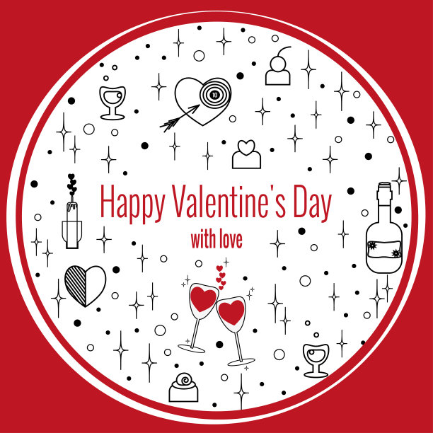 情人节快乐贺卡的形状，在圆形框架，轮廓风格。一组元素为浪漫的白色背景。矢量图。图片下载