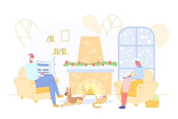 与宠物坐在壁炉旁的祖父母。图片下载