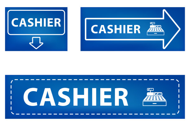 白色背景上的收银标志。蓝色的收银员的迹象。图片下载