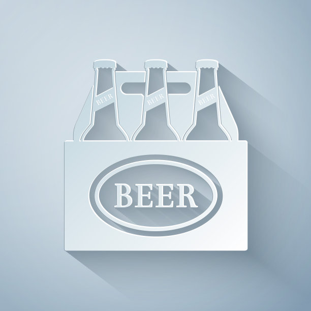 剪纸包装啤酒瓶图标孤立在灰色背景。箱箱啤酒箱标志。纸艺术风格。矢量图图片下载