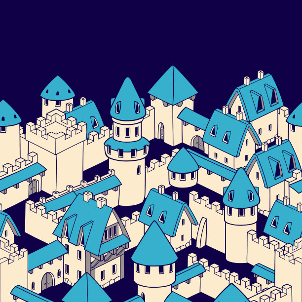 矢量无缝边界模式与中世纪城市。哥特式建筑。冬天的背景与飘落的雪。圣诞节的背景。包括无缝模式。图片下载