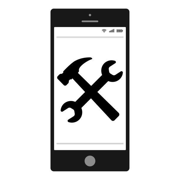 手机维修店标识图标向量智能手机与形象的钥匙和锤子，服务标识维修和维护智能手机和平板电脑图片下载