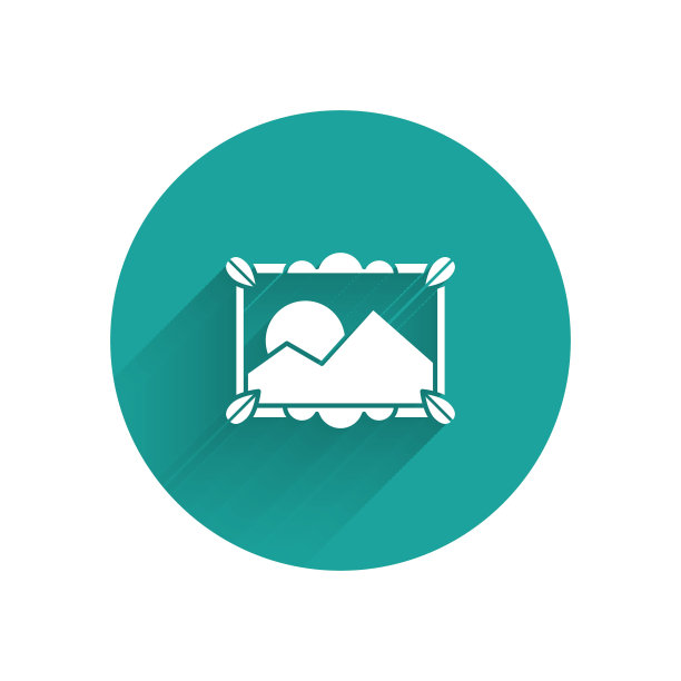 白色图片景观图标孤立与长阴影。绿色圆圈按钮。矢量图图片下载