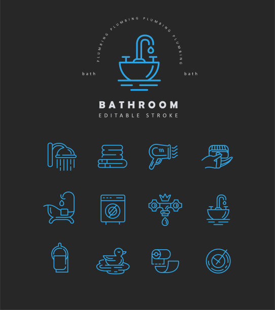 浴室的矢量图标和符号。可编辑大纲中风图片下载
