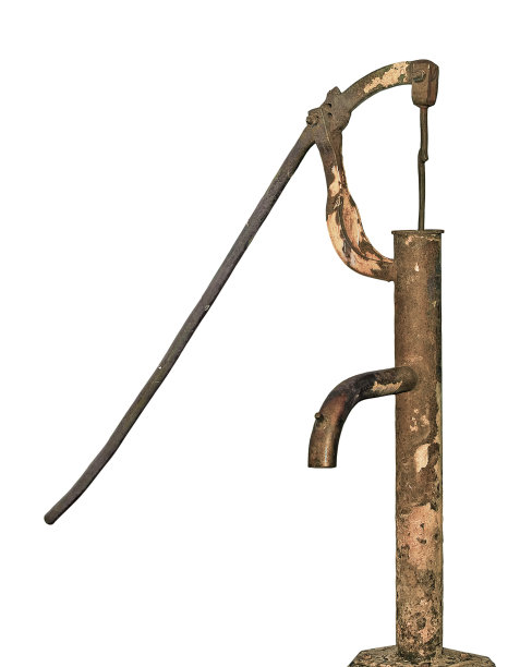 老旧的老化锈迹斑斑的复古手水泵，孤立的垂直特写，锈迹斑斑的金属，肮脏的黄色，棕色图片下载