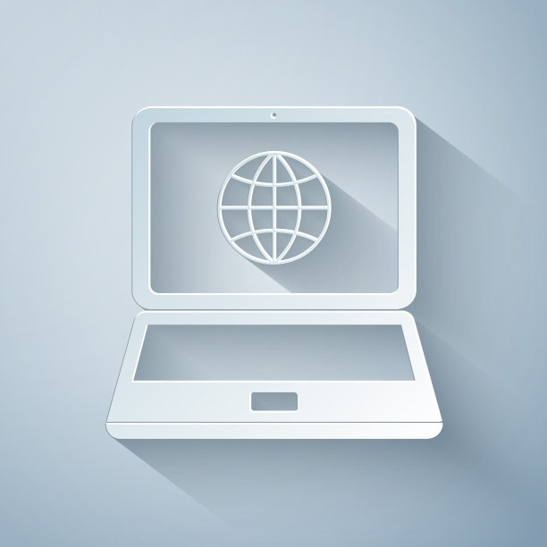 剪纸地球仪屏幕上的笔记本电脑图标孤立在灰色背景。带地球仪标志的笔记本电脑。纸艺术风格。矢量图图片下载