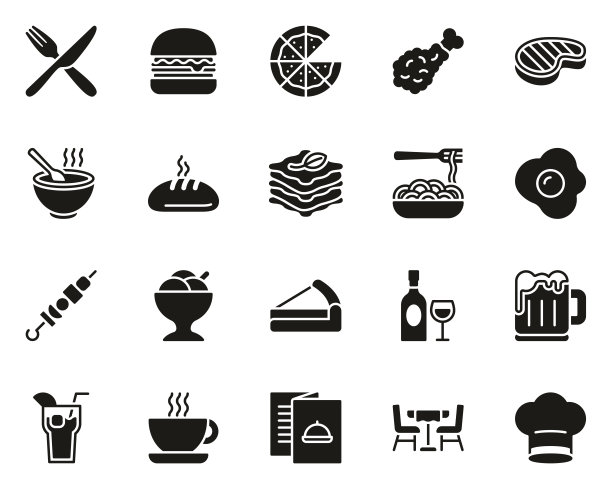 午餐图标黑色和白色设置大图片下载